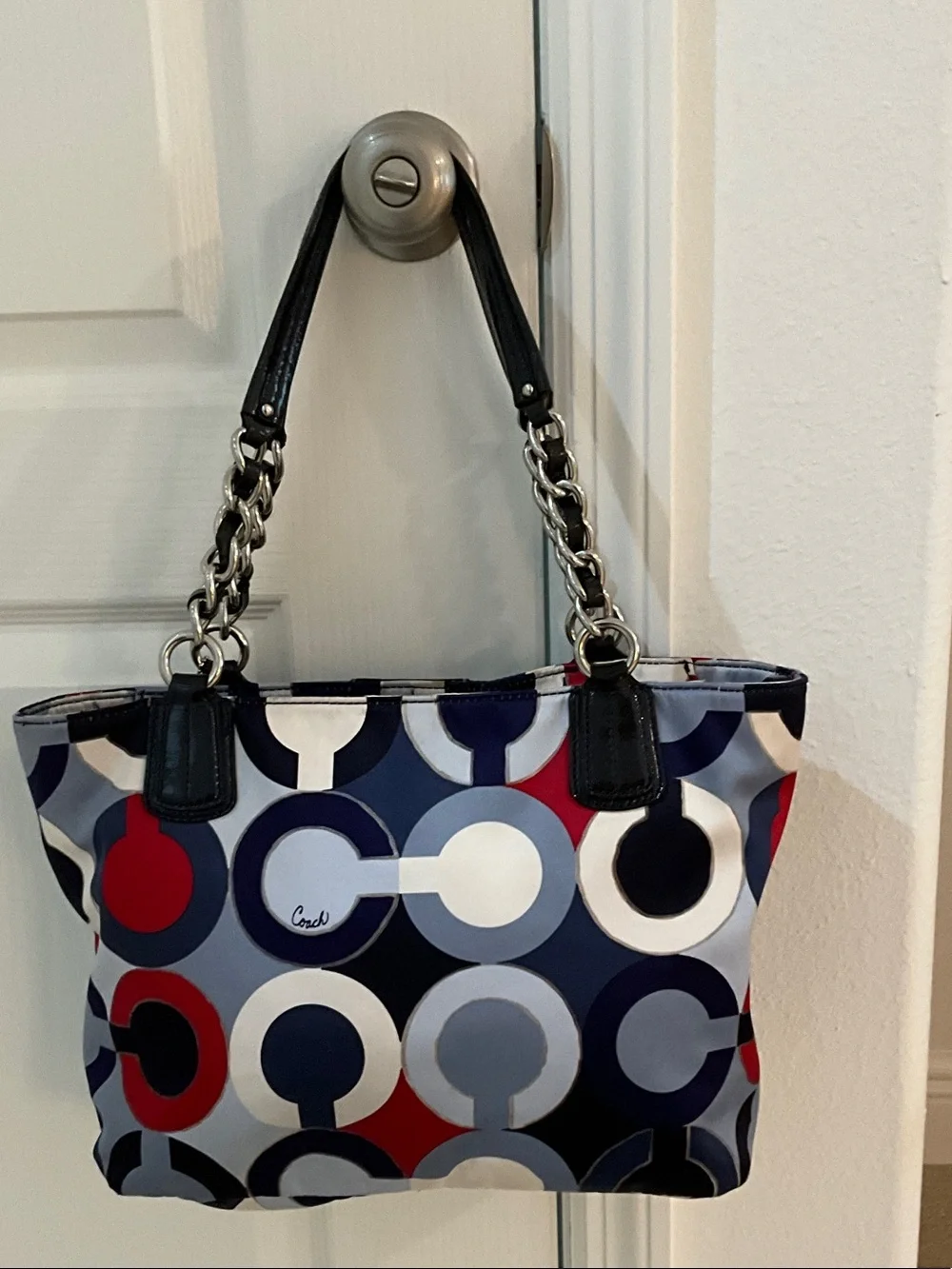 Coach Navy Red White Circle-Print Chain Handle bag purse